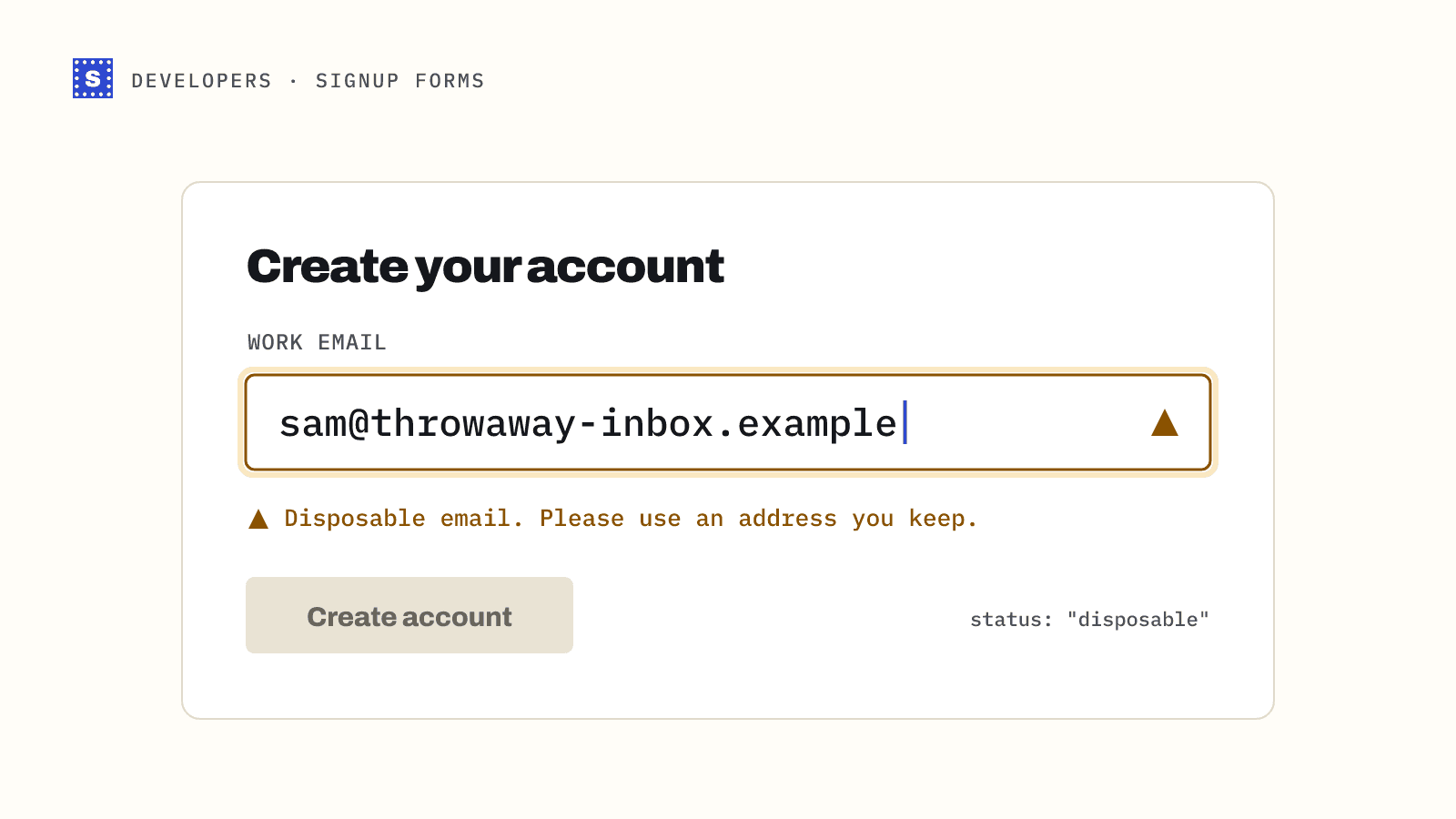 A sign-up form with a throwaway address in the email field, flagged risky as a disposable email, and the submit button disabled