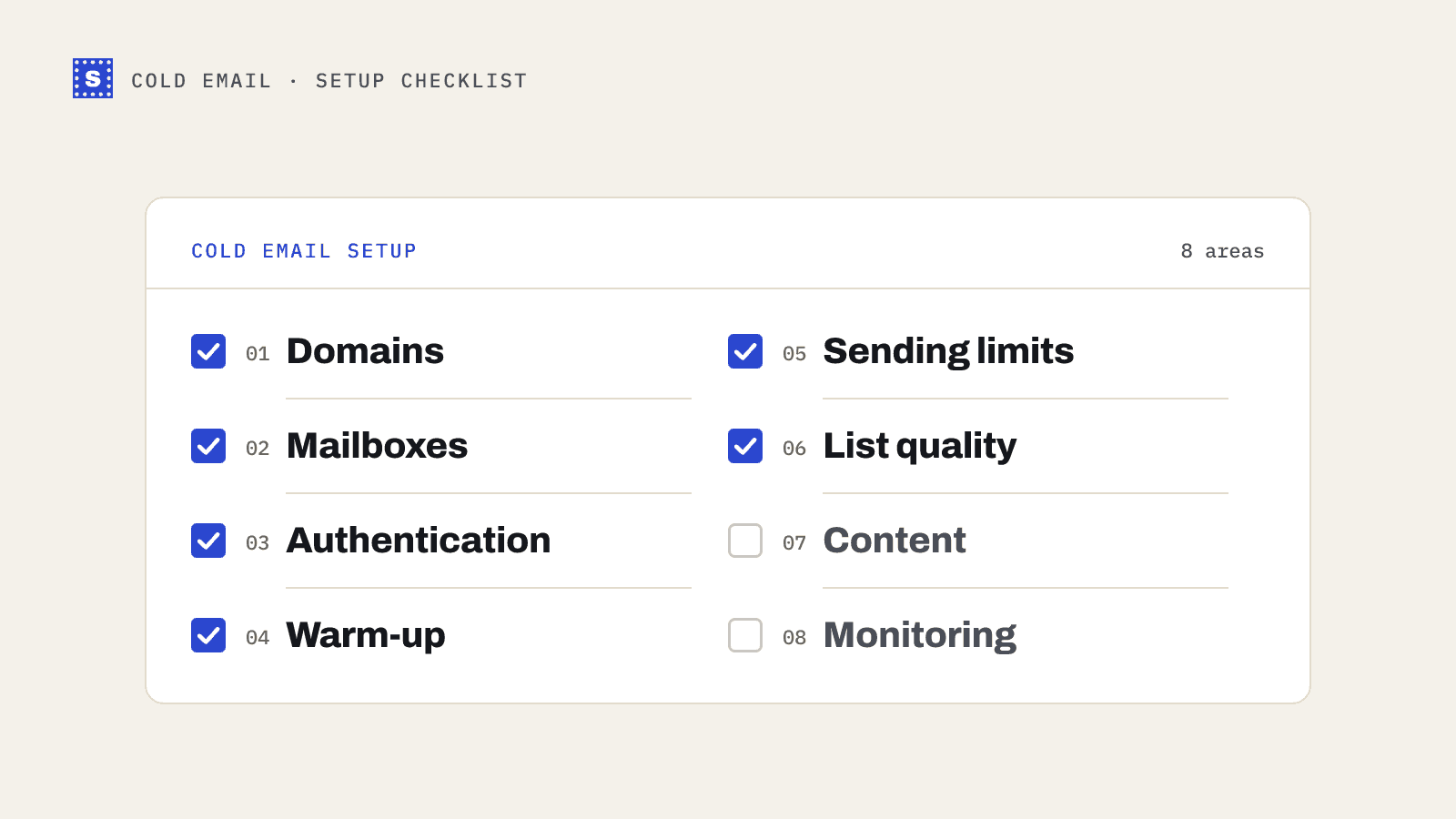 An eight-item cold email setup checklist in two columns: domains, mailboxes, authentication, warm-up, sending limits, list quality, content and monitoring