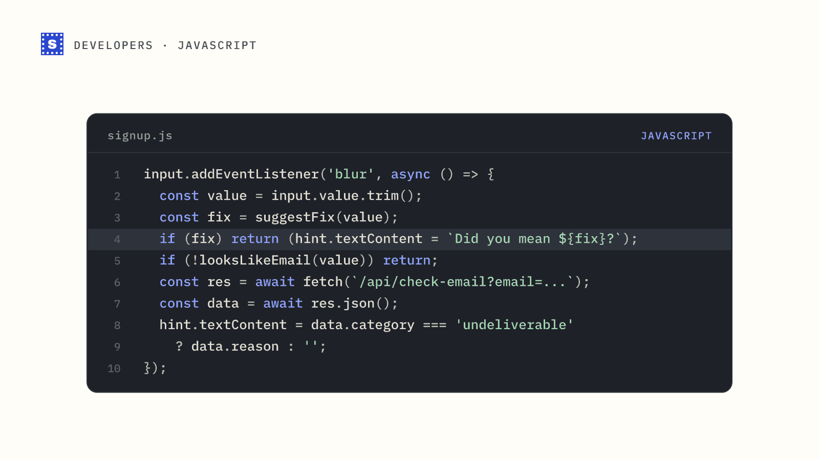 A JavaScript blur handler that suggests a typo fix, checks the format, then asks the server whether the address is undeliverable