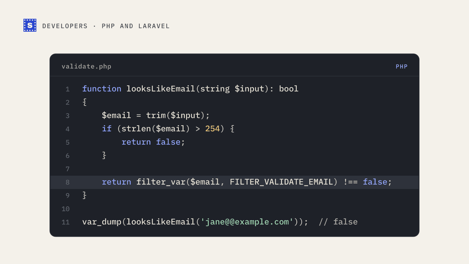 A PHP function that trims the input, rejects anything over 254 characters and validates with filter_var, with example results