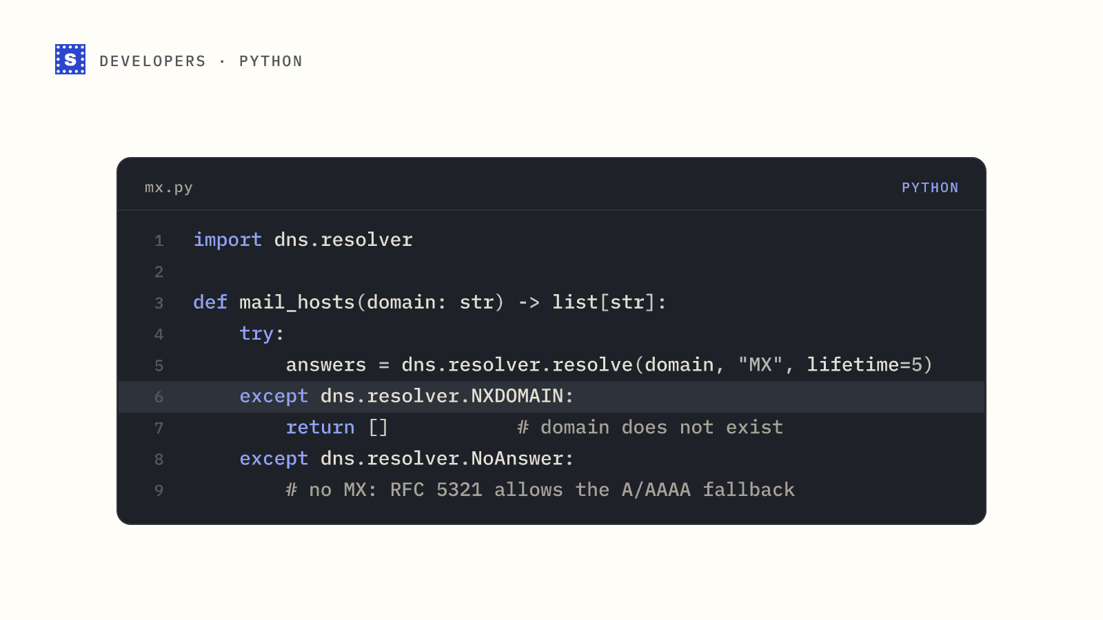 Python code that resolves a domain's MX records with dnspython and returns an empty list when the domain does not exist
