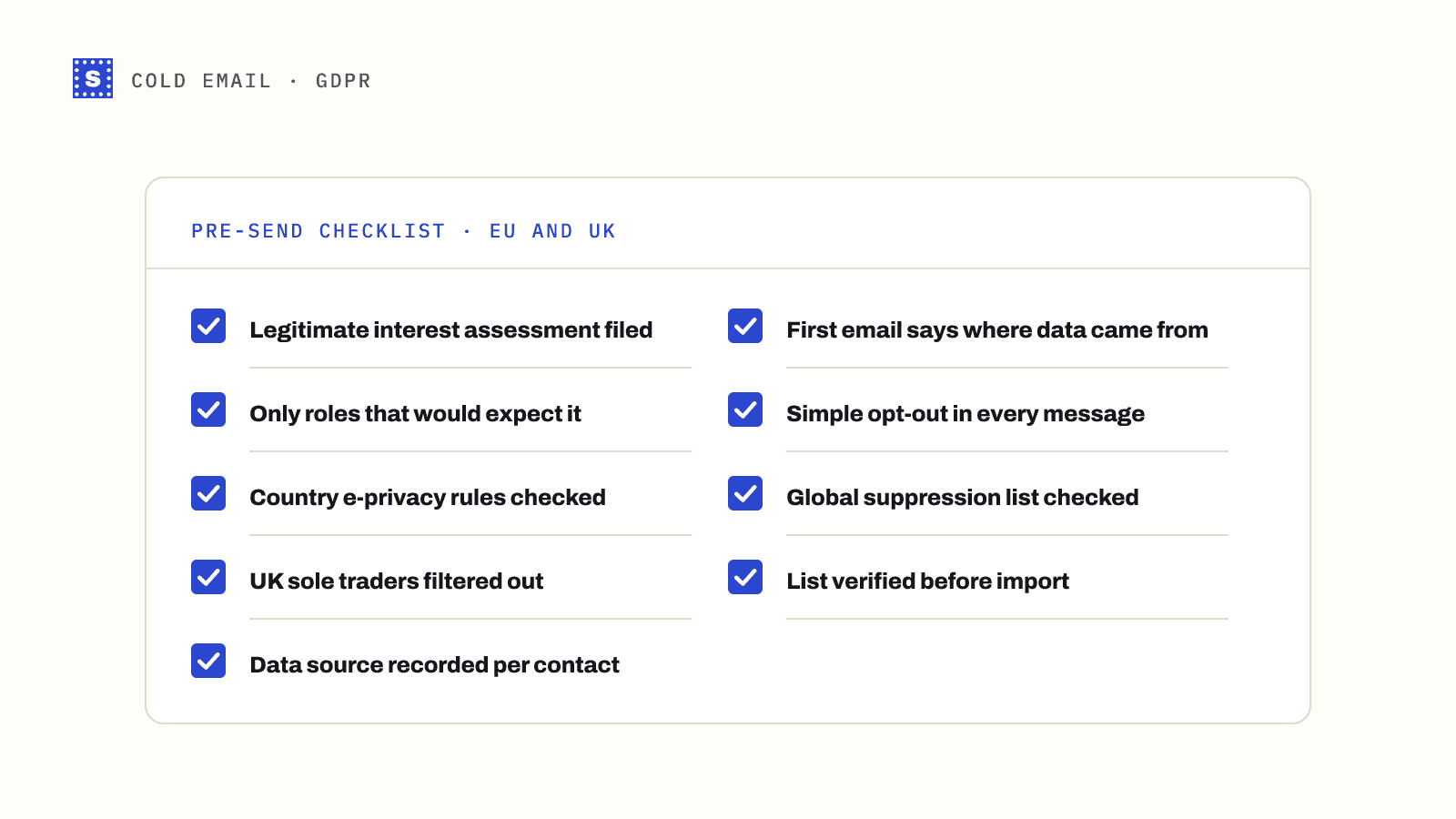 A nine-item pre-send checklist for EU and UK cold outreach, from a filed legitimate interest assessment to a verified list