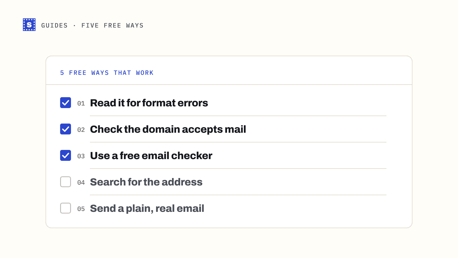 Five free ways to validate an email address as a numbered list: read it for format errors, check the domain, use a free checker, search for it, send a plain email