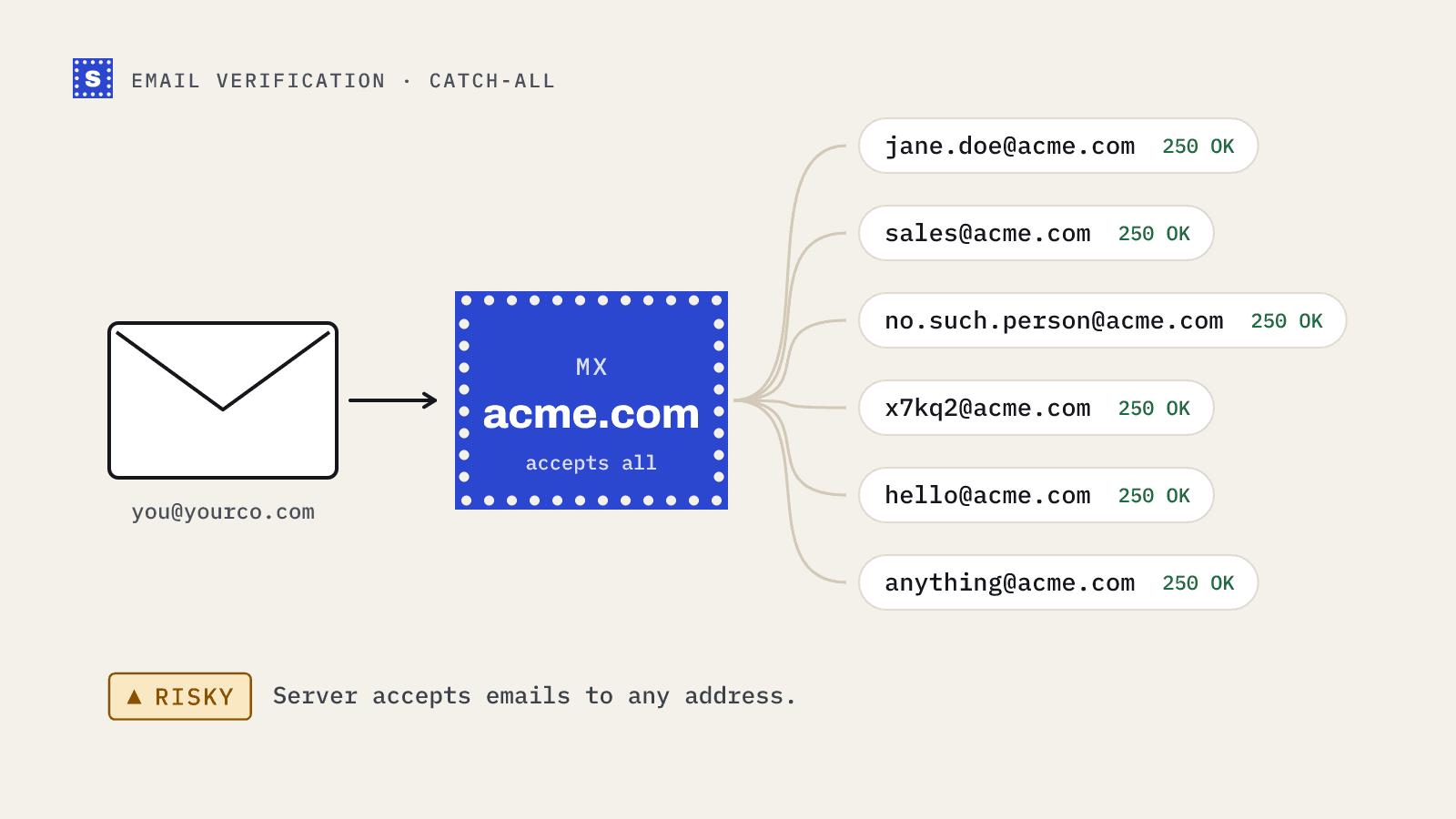One envelope reaching a catch-all mail server that accepts every address at the domain, real or not, flagged Risky
