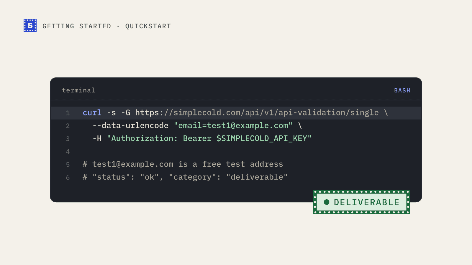A curl request for the free test address test1@example.com to the single verification endpoint, which returns status ok and a Deliverable result