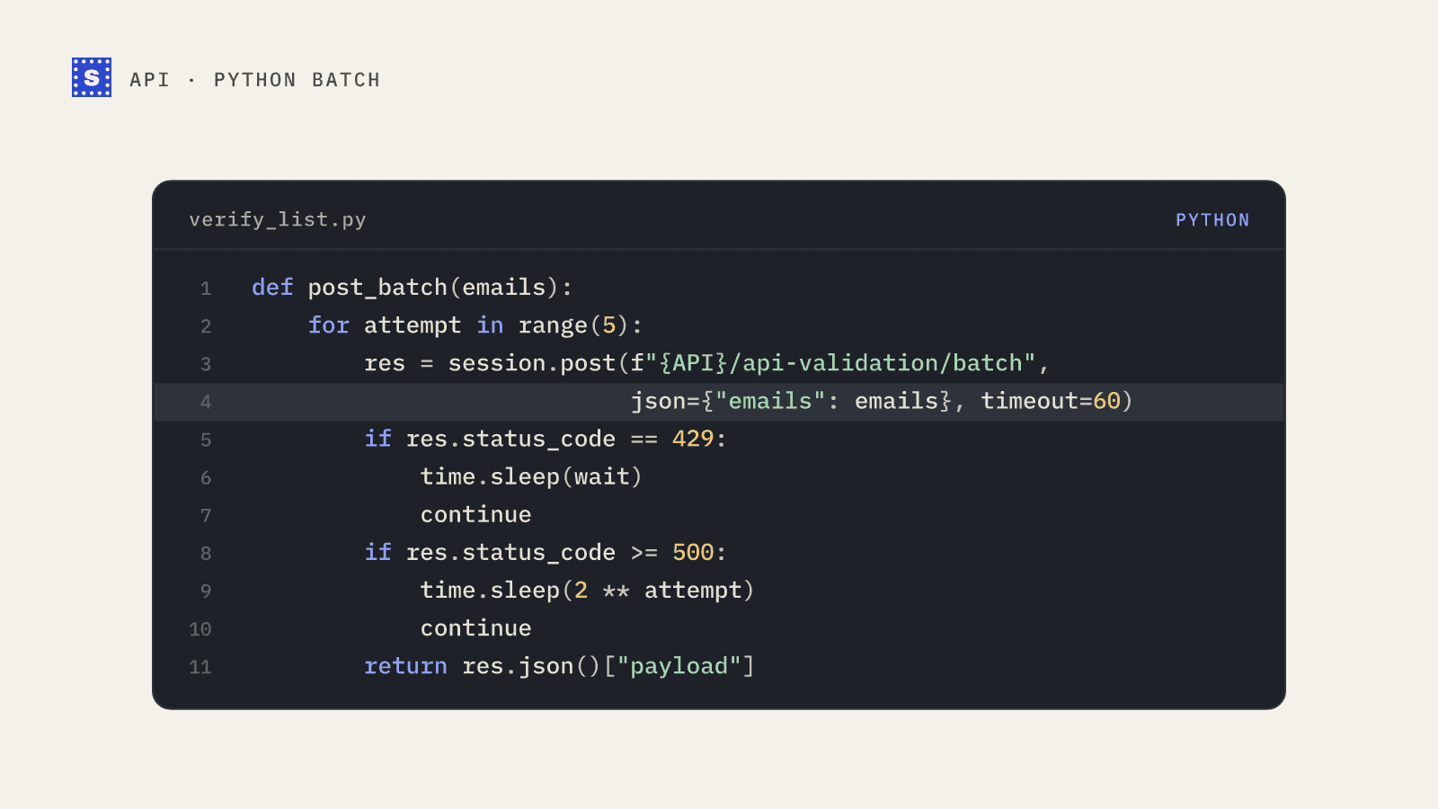 A Python function that posts up to 50 emails to the batch endpoint and waits when it gets a 429 rate-limit response